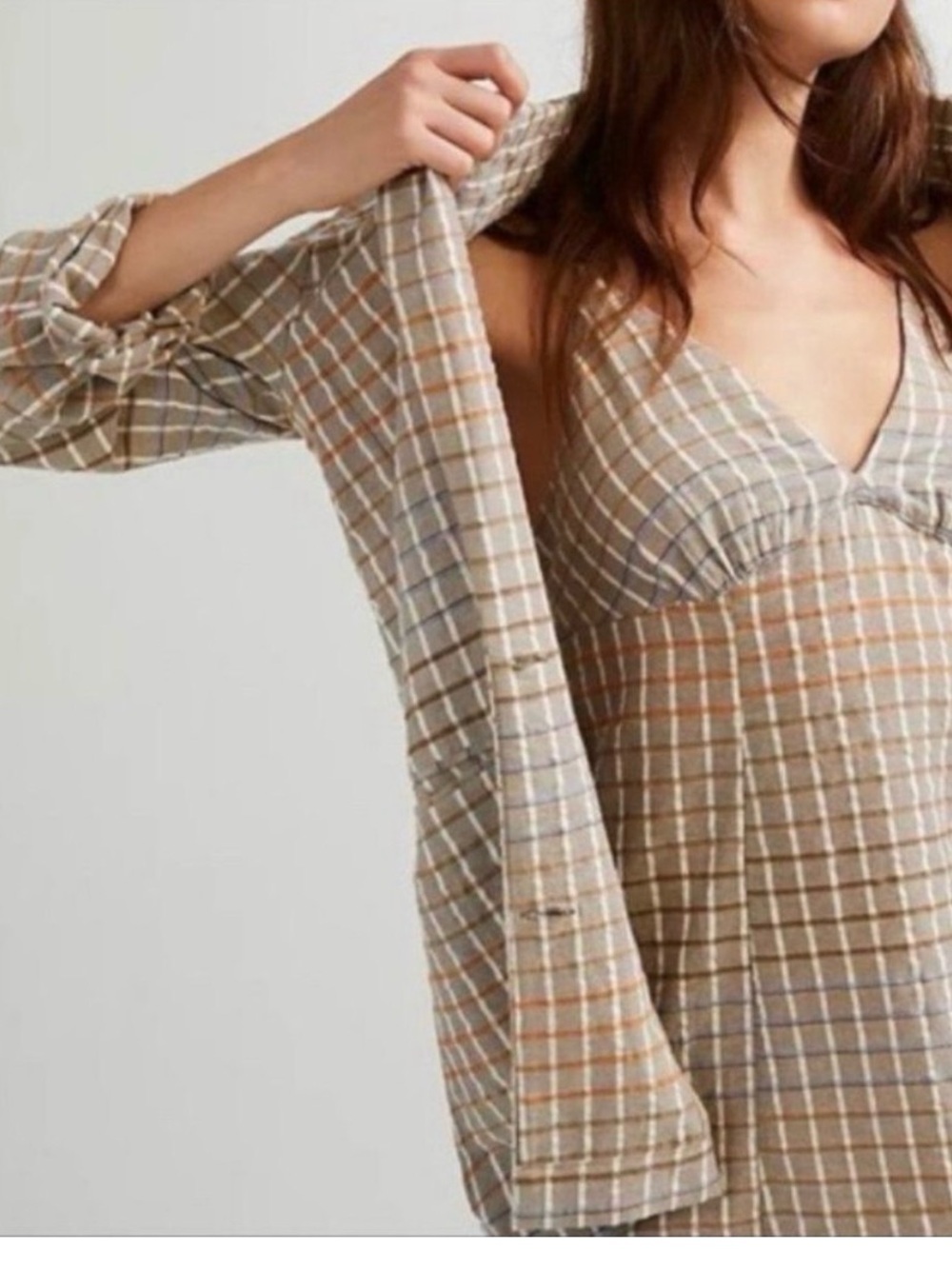 Free People Better Together Plaid Blazer & Mini Dress Set Taupe Cotton Size M - Picture 2 of 15